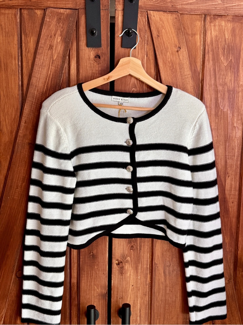 Moon River Black & White Striped Cropped Cardigan with Contrast Trim